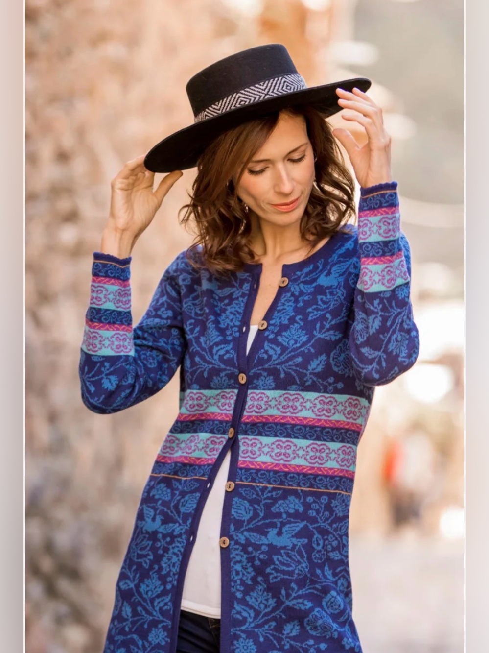 NOVICA Blue Dream Garden Blue Floral Jacquard 100% Baby Alpaca Long Cardigan M